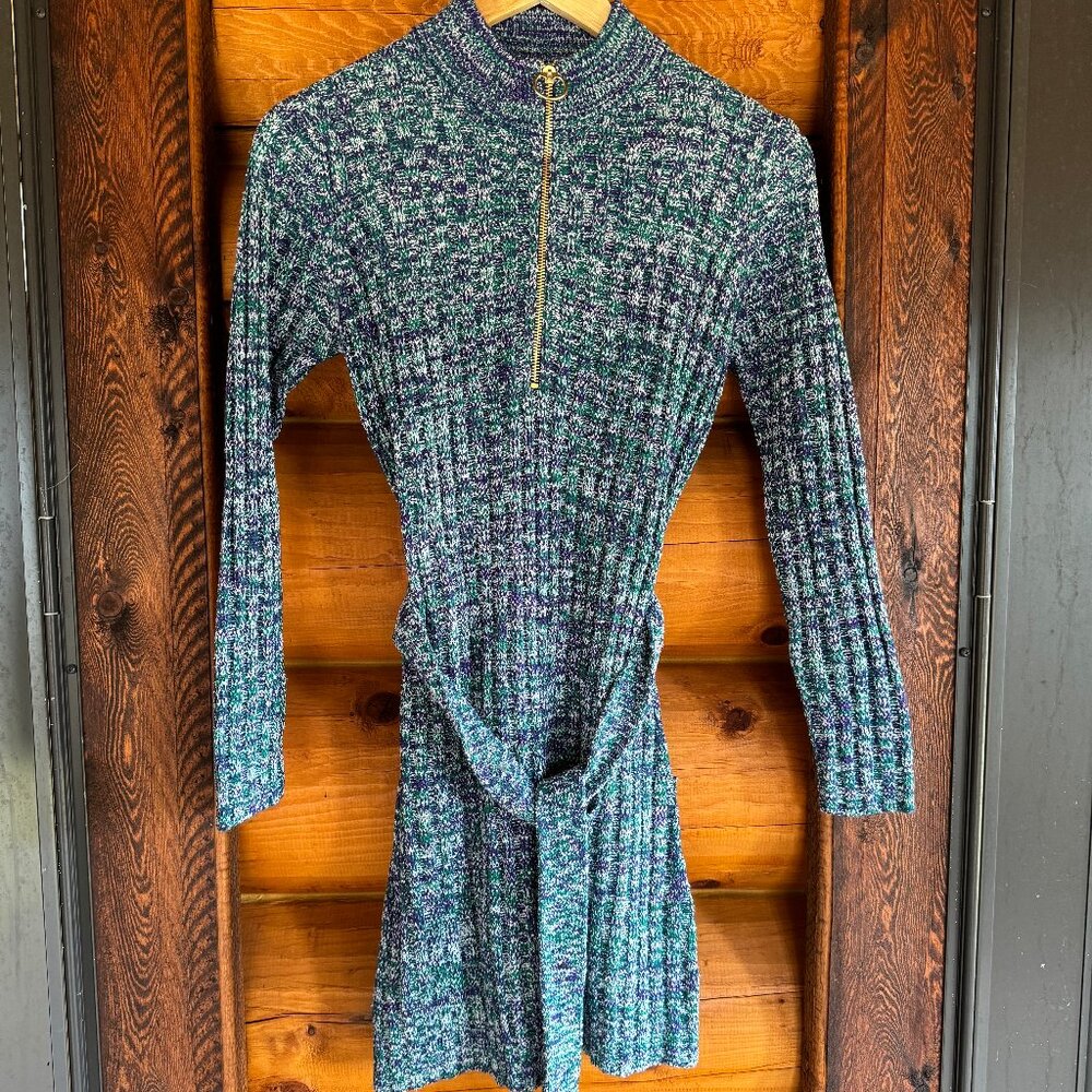 Retro Multicolor Funky Sweater Dress with Gold Quarter-Zip